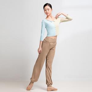 sansha 三沙现代舞服女 瑜伽舞蹈修身上衣短款七分袖撞色练功服