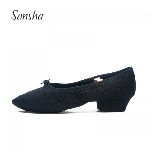 Sansha 法国三沙芭蕾练功鞋教师舞鞋帆布面皮底带跟瑜伽现代舞鞋