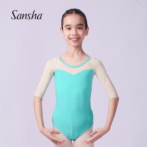 sansha 三沙儿童舞蹈服女 冰丝芭蕾舞练功服开裆连体服网纱五分袖