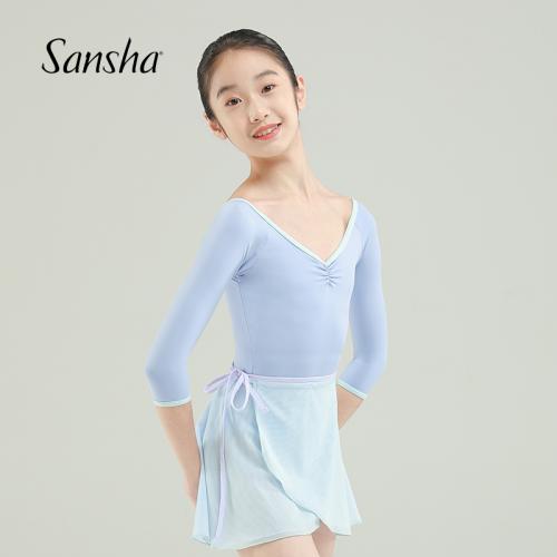 sansha 三沙少女舞蹈服 芭蕾舞圆领练功服七分袖撞色连体服秋冬