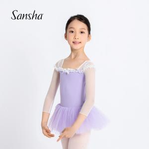 sansha三沙儿童舞蹈裙 开裆连体芭蕾舞练功蓬蓬裙网纱7分袖表演裙